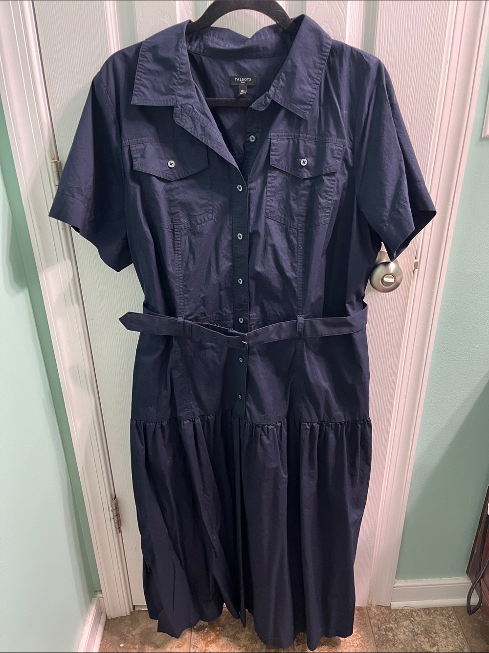 Talbots Navy Short-Sleeve Button-Front Maxi Shirtdress with Belt
